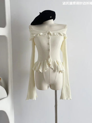 Getadme Women's Long Sleeve Ruffles Cardigan Knitted Crop Tops Korean Fashion Vintage Aesthetic Sweater Mori Girl Knitwear Autumn Winter